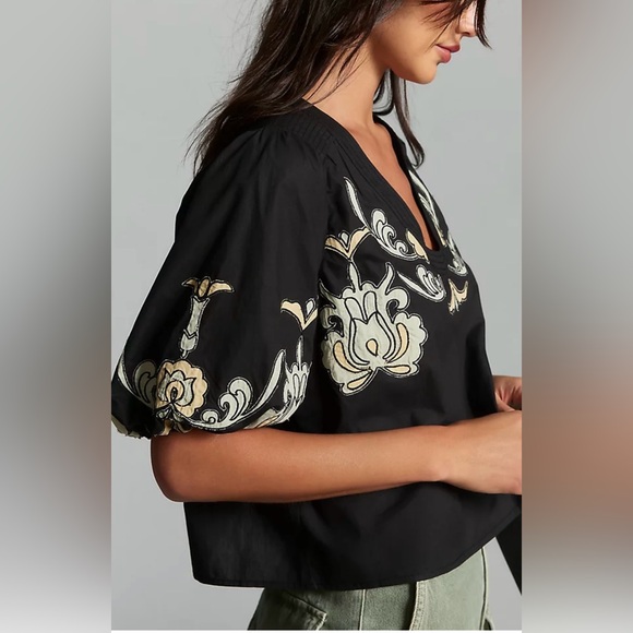 Anthropologie puff sleeve Embroidered Black Top sz LP - Picture 2 of 9